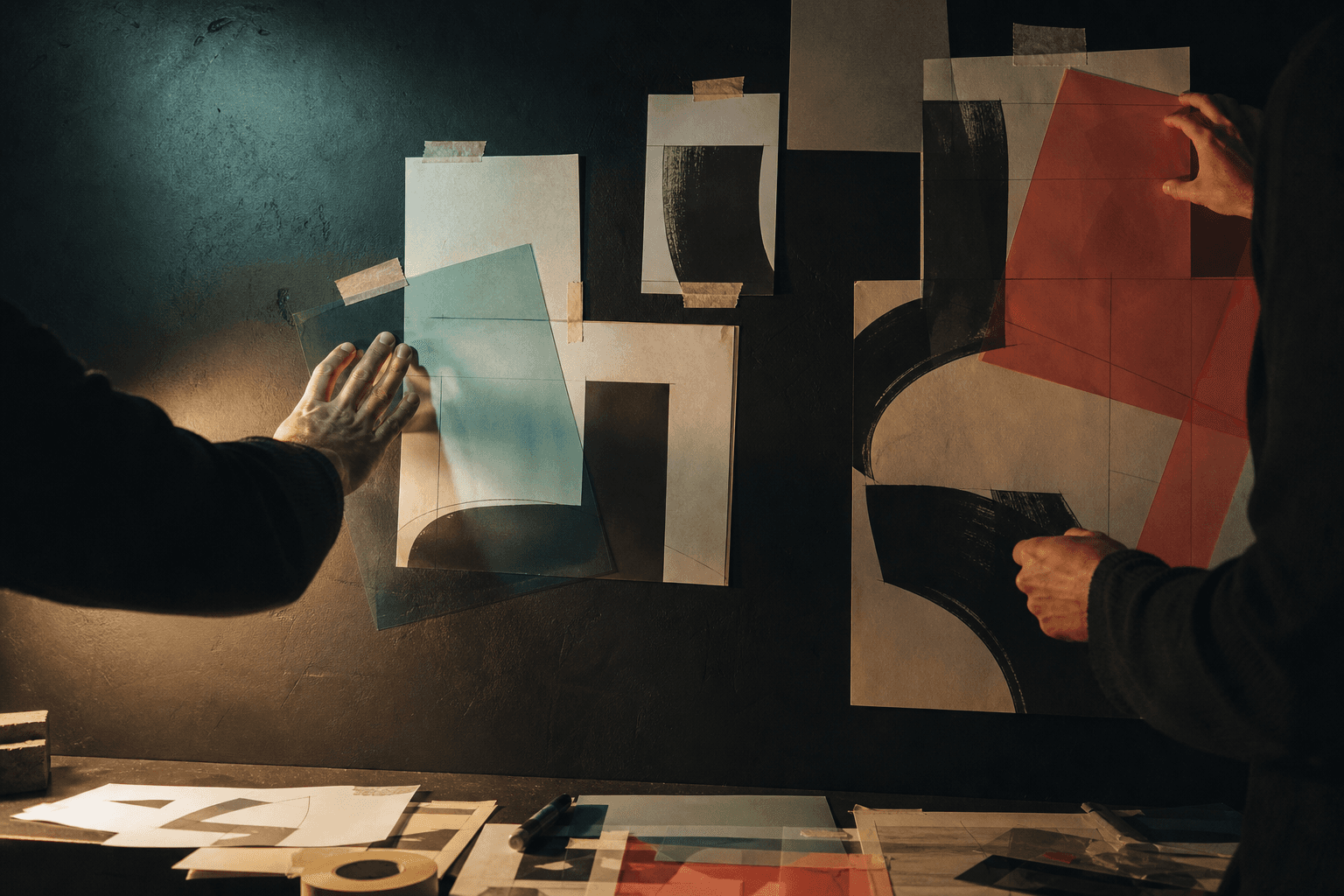 Hands working with paper and acetate in a dark studio