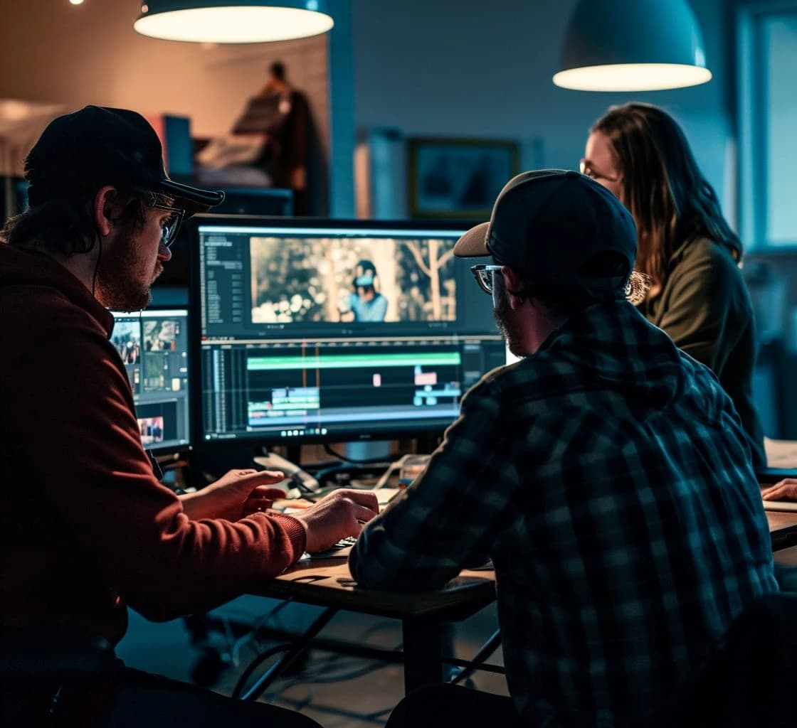 Editors collaborating around a video-editing timeline