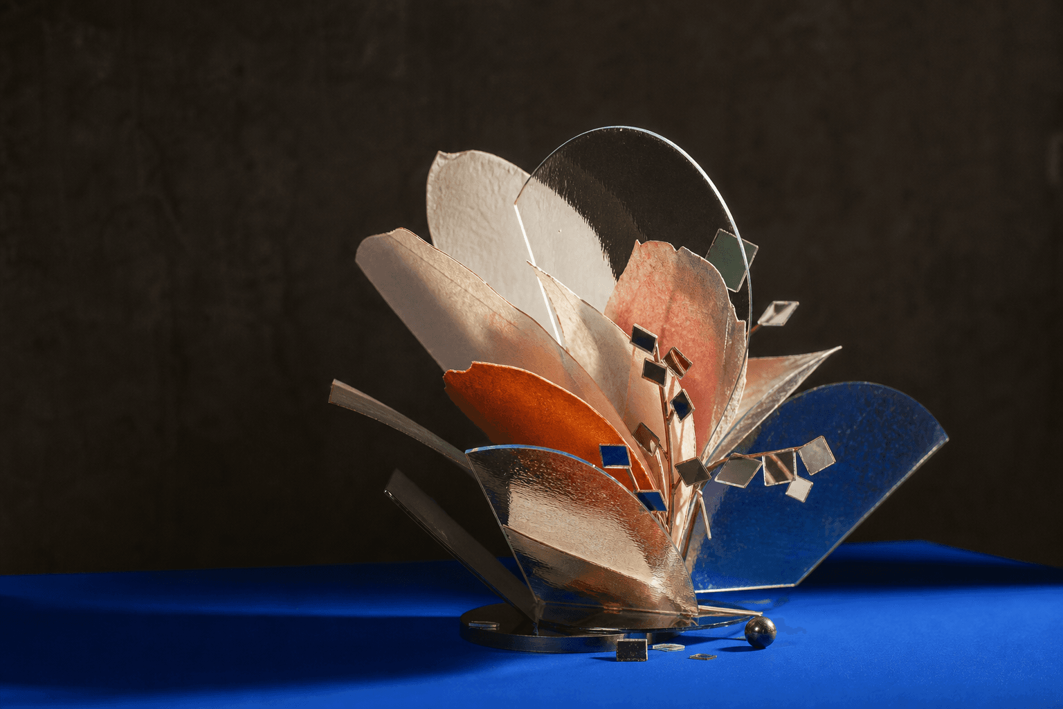 Reflective botanical fragments arranged as a campaign image